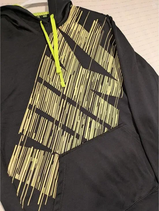 Nike Therma-Fit Hoodie Black Neon Yellow Graphic Pullover Sweatshirt Mens Medium - Picture 4 of 8